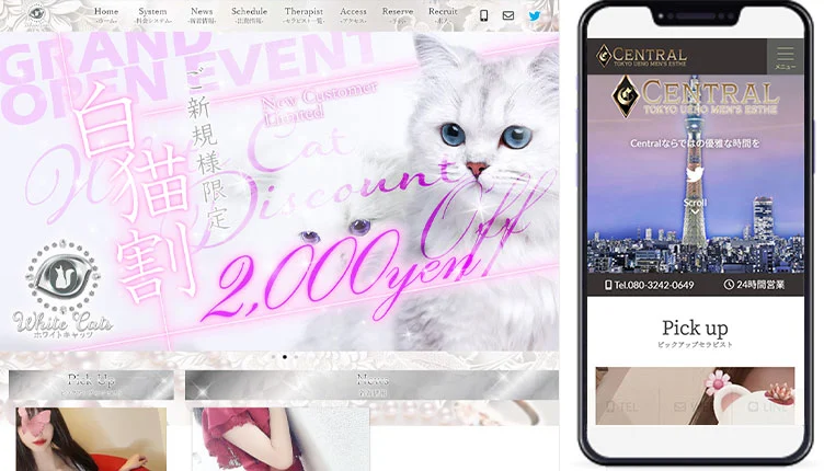 制作事例,大阪メンズエステ｢White Cats｣様のホームページ制作事例の画像